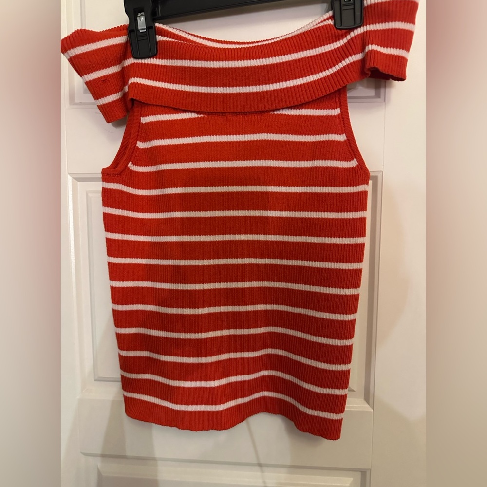 Off-shoulder red & white stripped knit top